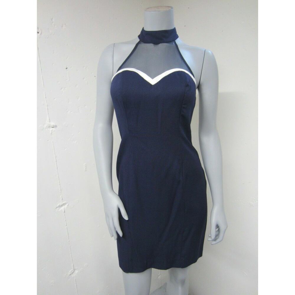 Vtg 90s Navy Prom Mesh Choke Collar Halter Party Cocktail Clubwear Dress 6